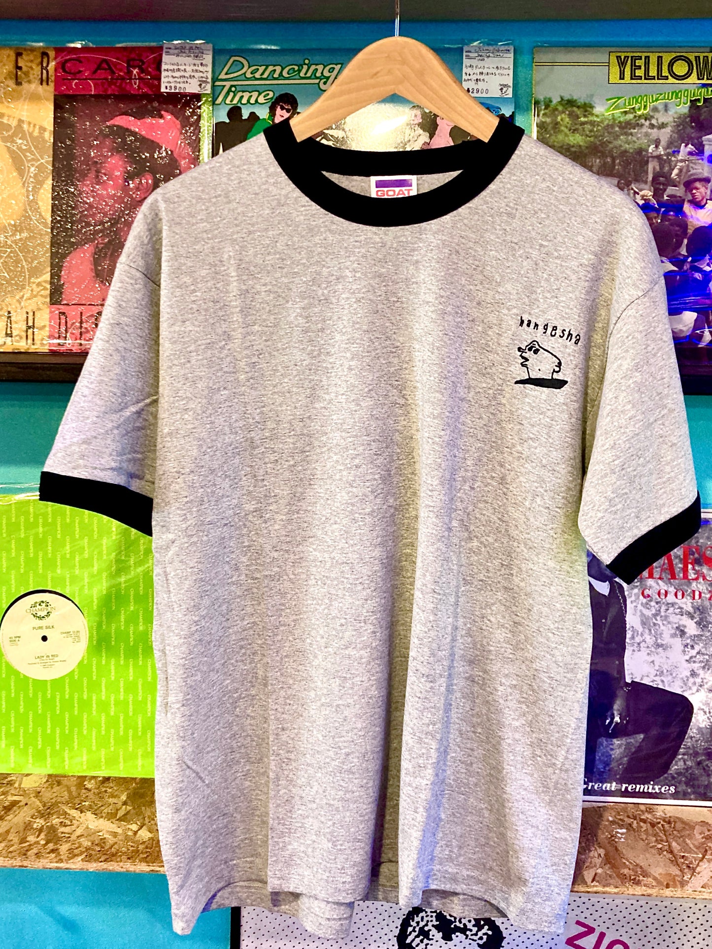 hangesha record T-Shirt / gray×black (Short Sleeve Ringer TEE 7oz)